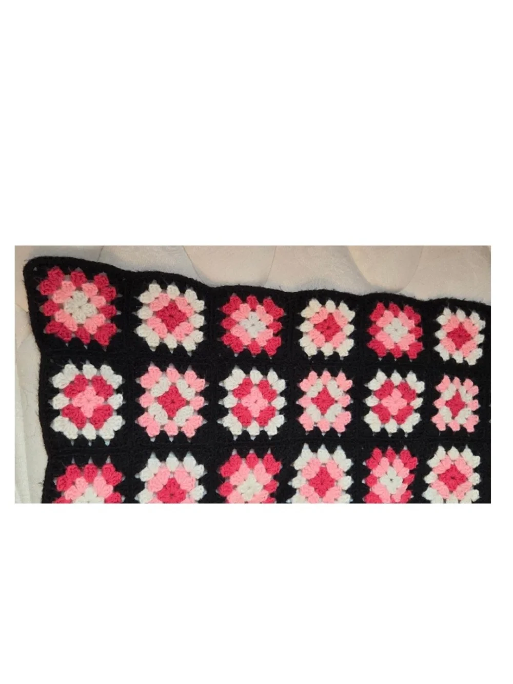 Vintage 80s Blanket Queen Hand Crocheted Black Pink White Granny Square Home VTG